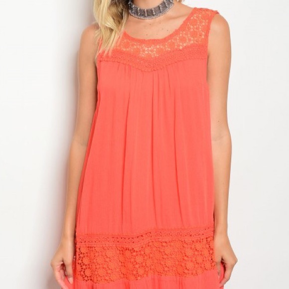 Coral Sleeveless Crochet Shift Dress - Picture 3 of 6